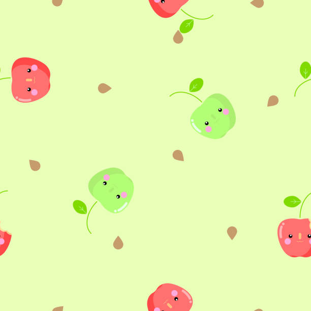 seamless minimal cute, sweet, colorful, pastel nature red and green apple with seed repeat pattern in green background seamless minimal cute, sweet, colorful, pastel nature red and green apple with seed repeat pattern in green background flat vector illustration design green apple on green background stock illustrations
