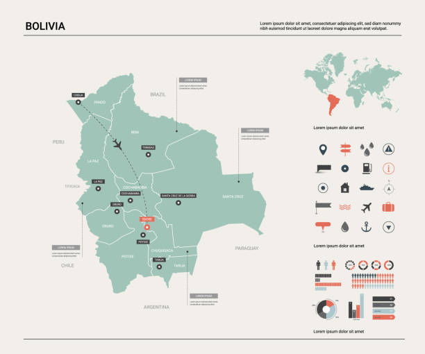 ilustrações, clipart, desenhos animados e ícones de mapa do vetor de bolívia.  mapa detalhado elevado do país com divisão, cidades e capital sucre. mapa político, mapa de mundo, elementos infográfico. - capital cities illustrations