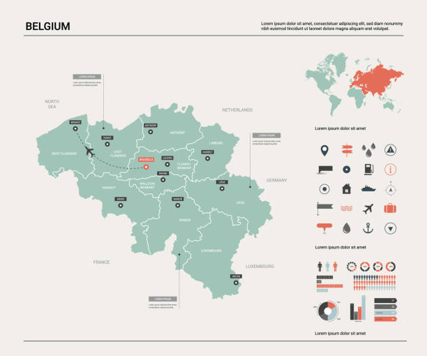벨기에의 벡터 지도입니다.  디비전, 도시 및 자본 브뤼셀과 높은 상세한 국가 지도. 정치 지도, 세계 지도, 인포 그래픽 요소. - belgium stock illustrations