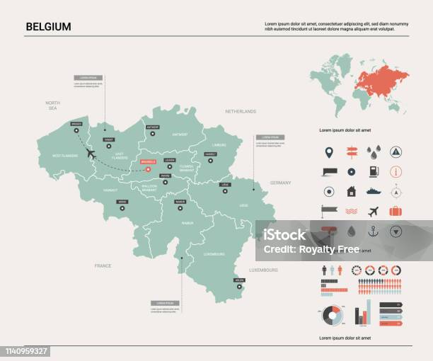 比利時的向量圖 高詳細的國家地圖與分裂城市和資本布魯塞爾政治地圖 世界地圖 資訊圖元素向量圖形及更多比利時圖片 - 比利時, 地圖, 矢量圖
