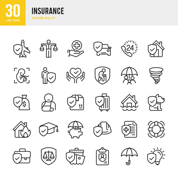 ilustraciones, imágenes clip art, dibujos animados e iconos de stock de seguro-conjunto de iconos vectoriales de línea - insurance