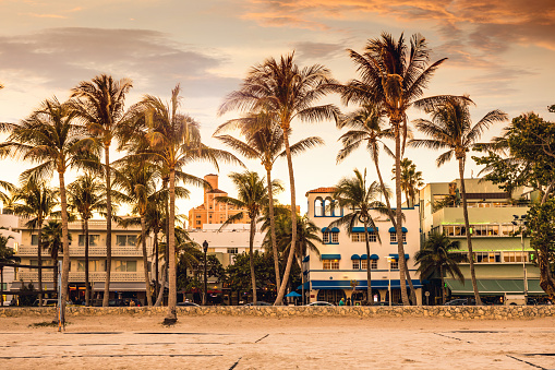 Ocean Drive at dusk in Miami Beach, Florida, USA.