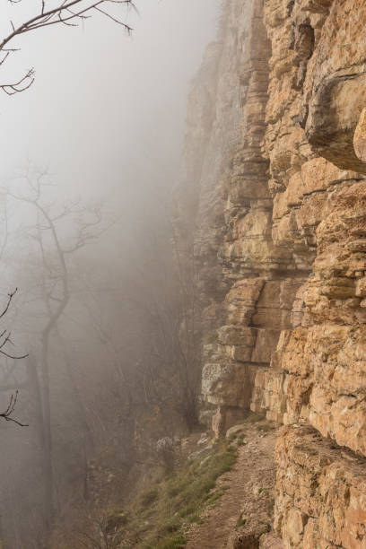 istock trees and rock cliff in the mist, hiking in Mezmay 1140961368