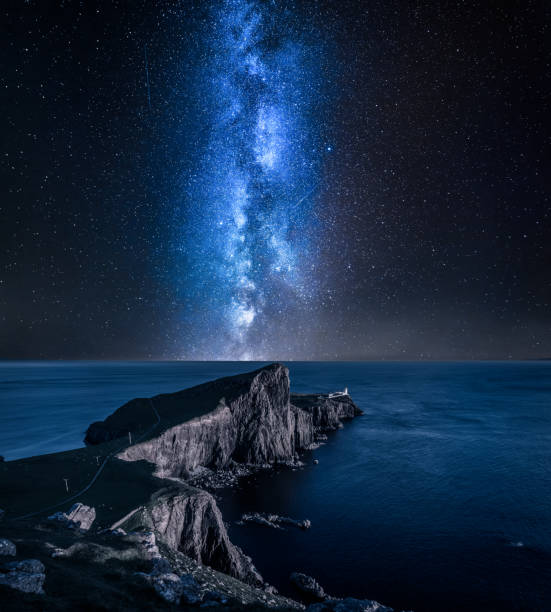 Milky way over Neist point lighthouse, Isle of Skye, Scotland Milky way over Neist point lighthouse, Isle of Skye, Scotland astrophotography stock pictures, royalty-free photos & images