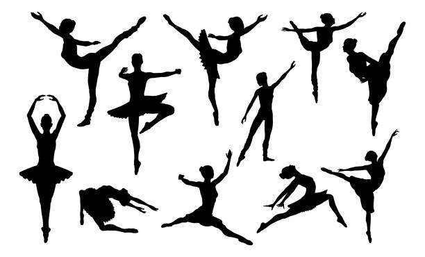 Ballet Dancing Silhouettes Set Ballet dancer woman in silhouette dancing in various poses and positions ballet silhouette ballerina stock illustrations