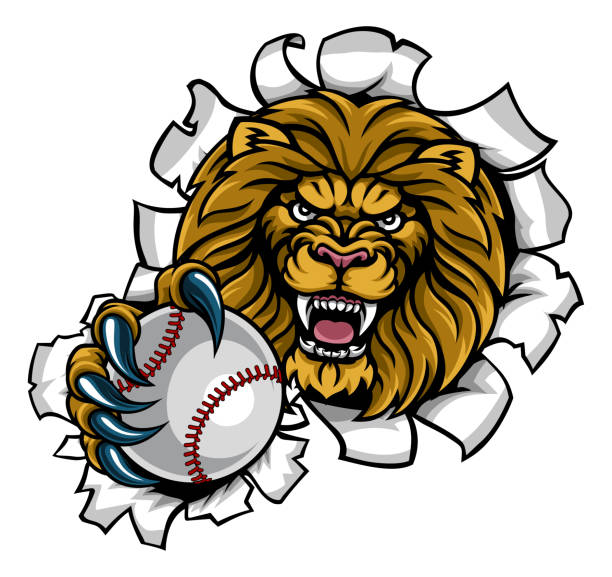 illustrazioni stock, clip art, cartoni animati e icone di tendenza di lion holding baseball ball breaking background - mascot anger baseball furious