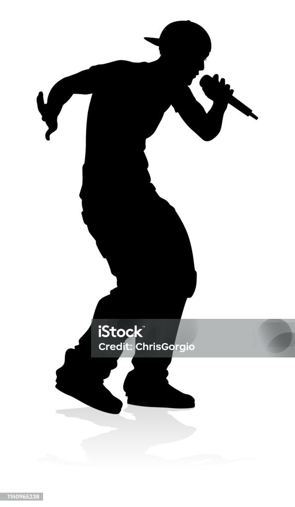 Singer Pop Country or Rock Star Silhouette A singer pop, country music, rock star or hiphop rapper artist vocalist singing in silhouette Hip Hop Music stock vector