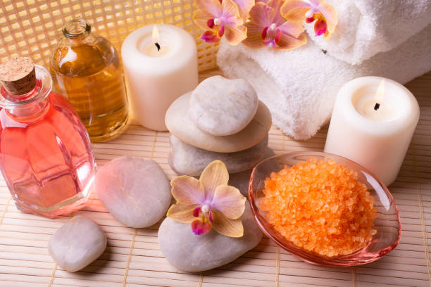 istock Spa still life with bath salt, oil and perfumed essences 1140967920