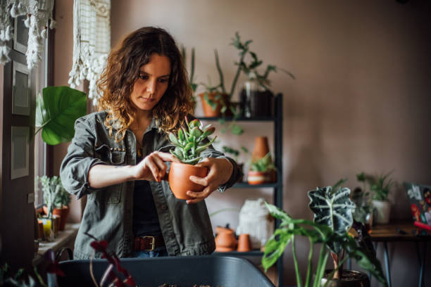istock Young woman planting flower 1140968166