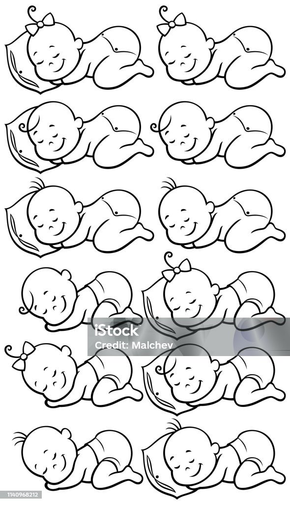 Sleeping Babies Line Art Collection of 12 sleeping babies in black and white, for coloring. Book stock vector
