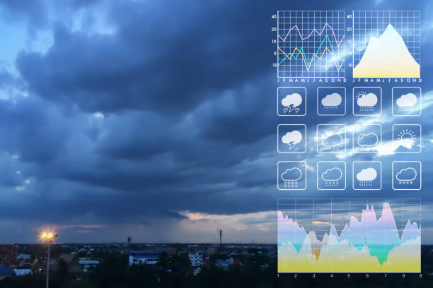 istock Weather forecast symbol data presentation with graph and chart on tropical storm background. Dramatic atmosphere panorama view of storm clouds and heavy rain storm on twilight tropical sky. 1140969446
