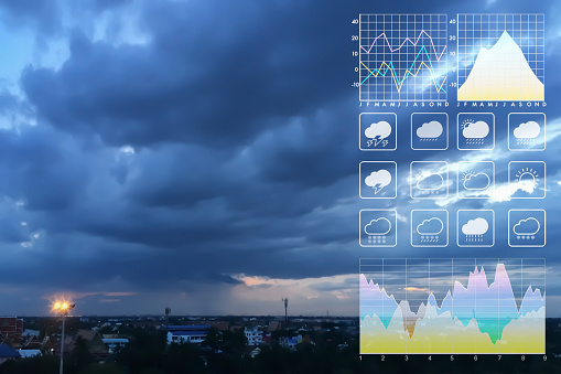 Weather forecast symbol data presentation with graph and chart on tropical storm background. Dramatic atmosphere panorama view of storm clouds and heavy rain storm on twilight tropical sky.