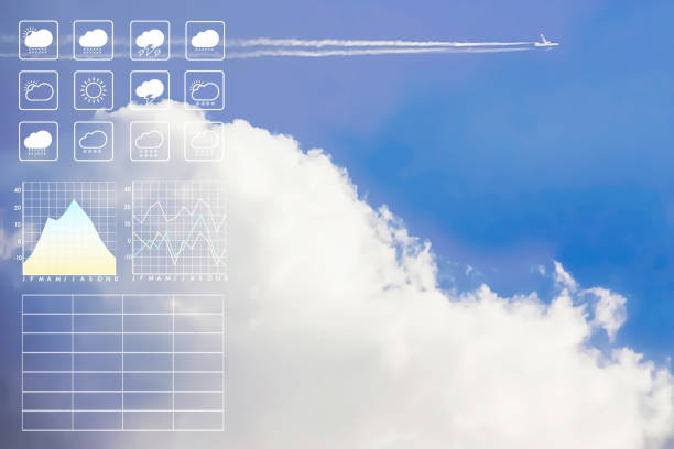 istock Weather forecast presentation report background with beautiful Blue sky white clouds and aircraft fly over. 1140969594