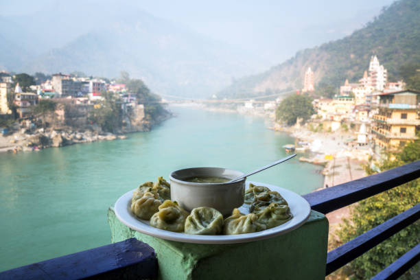 traditional tibetan momo on the background of a beautiful urban landscape - garhwal imagens e fotografias de stock