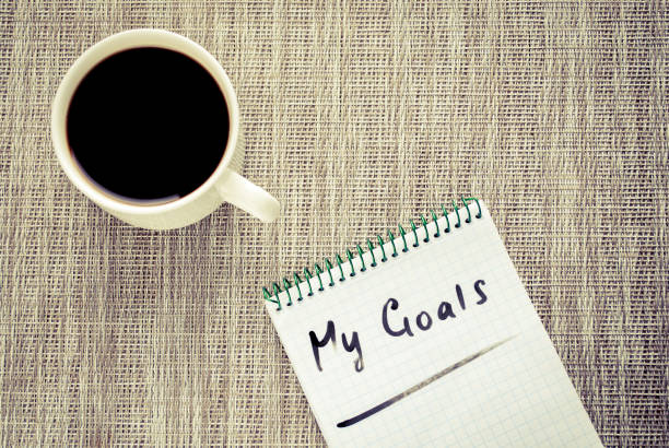 istock Writing down goals. A notebook for goals and a cup of coffee. Goals concept 1140969752
