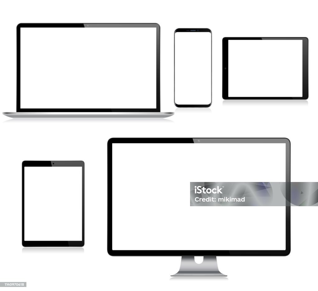 현실적인 벡터 디지털 태블릿, 휴대 전화, 스마트 폰, 노트북 및 컴퓨터 모니터. 최신 디지털 장치 - 로열티 프리 형판 벡터 아트