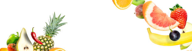 istock Frame of falling fresh vegetables and fruits isolated on white background with copy space for text 1140972368