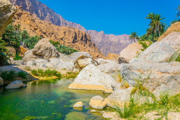 lagune mit türkisfarbenem wasser in wadi tiwi im oman. - tiwi stock-fotos und bilder