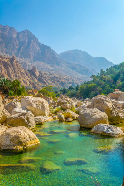 lagoon with turqoise water in wadi tiwi in oman. - tiwi imagens e fotografias de stock