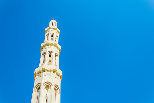 Minaret of the Sultan Qaboos Grand Mosque in Muscat, Oman