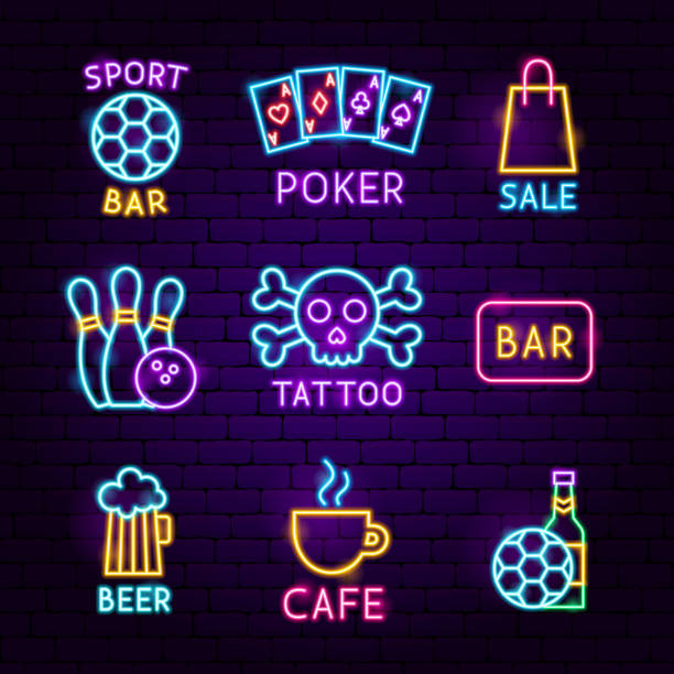 Bar Street Neon Label Set Bar Street Neon Label Set. Vector Illustration of Signs Promotion. poker card tattoos stock illustrations