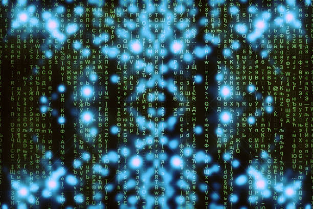 istock Blue green matrix digital background. Abstract cyberspace concept. Green characters fall down. Matrix from symbols stream. Virtual reality design. Complex algorithm data hacking. Cyan digital sparks. 1140975269
