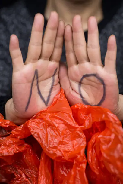 Photo of The word ‘NO’ marked in the hands to plastic bags