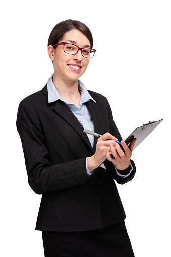 Attractive Businesswoman Writing on Clipboard  isolaeted on white background