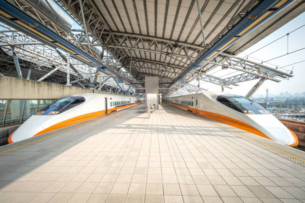Taichung, Taiwan -  Feb 26, 2019: Two Taiwan High Speed Rail trains are stopping at the station.