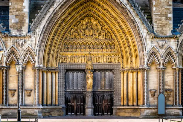London, United Kingdom famous Westminster Abbey architecture closed large church doors facade exterior with nobody closeup entrance