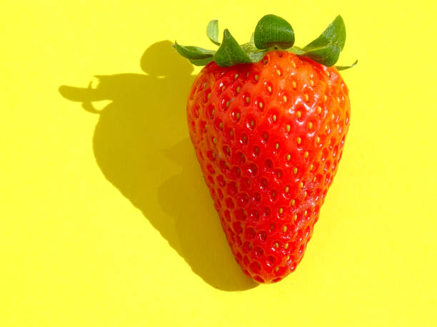 istock Isolated Strawberry on a white background, lighted with a warm light and casting a hard shadow on a yellow background 1140983283