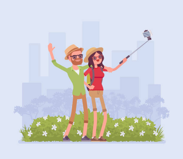 ilustraciones, imágenes clip art, dibujos animados e iconos de stock de los turistas que toman selfie - turista fotos