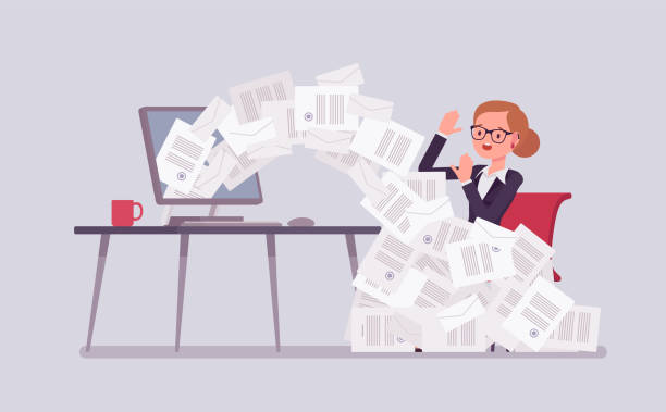 Paper avalanche for businesswoman Paper avalanche for businesswoman. Female office worker overloaded with paperwork from computer, heap of business letters and online documents, busy clerk in routine, bureaucracy. Vector illustration avalanche stock illustrations