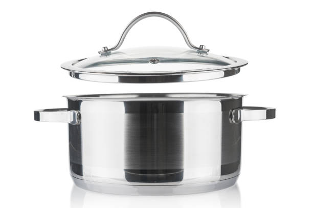 Steel saucepan and lid closeup isolated on white background