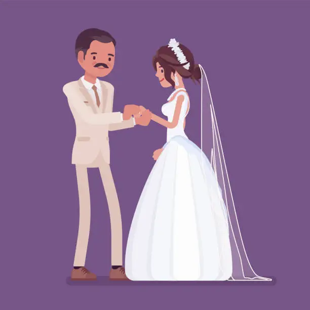 Vector illustration of Bride, groom exchange of wedding rings ceremony