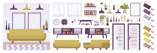 wohnzimmer-bau-set - teppichboden couch stock-grafiken, -clipart, -cartoons und -symbole
