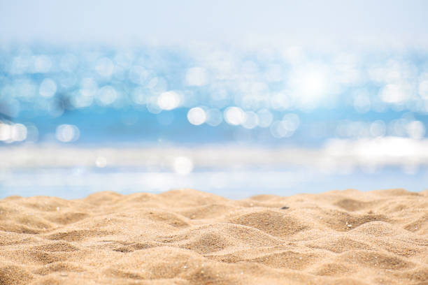 beach summer background Seascape abstract beach background. blur bokeh light of calm sea and sky. Focus on sand foreground. sunny day stock pictures, royalty-free photos & images