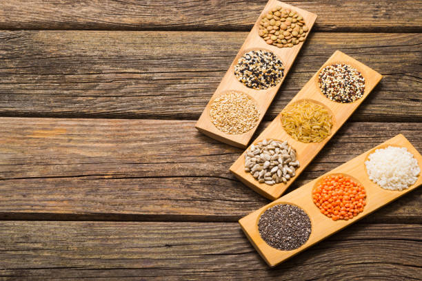 쌀, 곡물, 시리얼 생 식품 - processed grains rice variation in a row 뉴스 사진 이미지