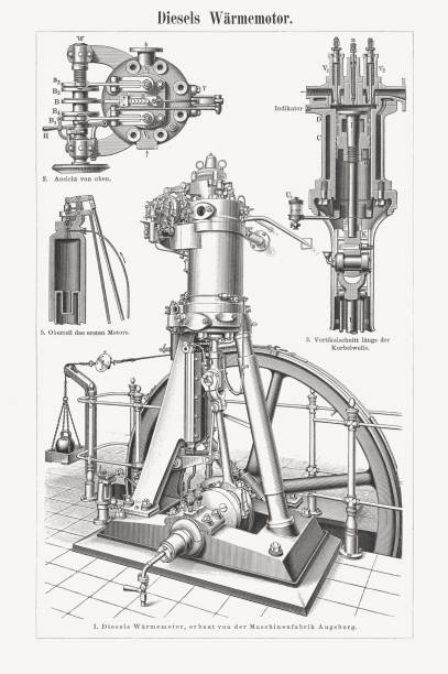 Diesel's heat engine, wood engravings, published in 1898 Diesel's heat engine. Built by Maschinenfabrik Augsburg in Germany. Wood engravings, published in 1898. electric motor white background stock illustrations