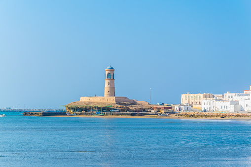 View of a lighthouse in the Omani town Al Ayjah.