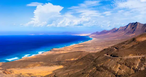 Photo of wild beauty of volcanic island Fuerteventura. impressive Cofete beach. Canary islands