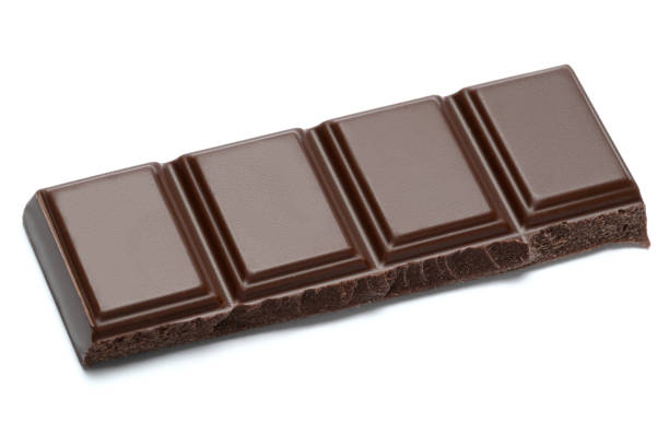 Dark chocolate bar isolated on white background. Sweet food is made of cocoa and sugar.