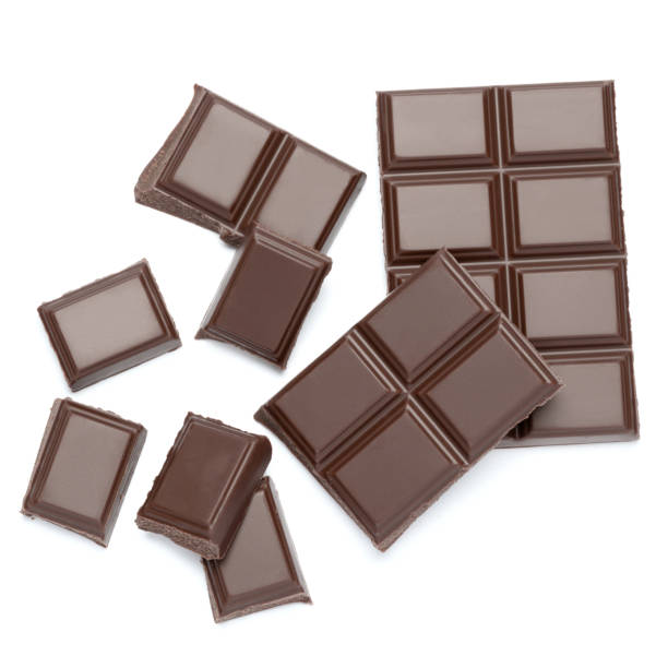 istock Dark organic chocolate pieces isolated on white background 1140996456