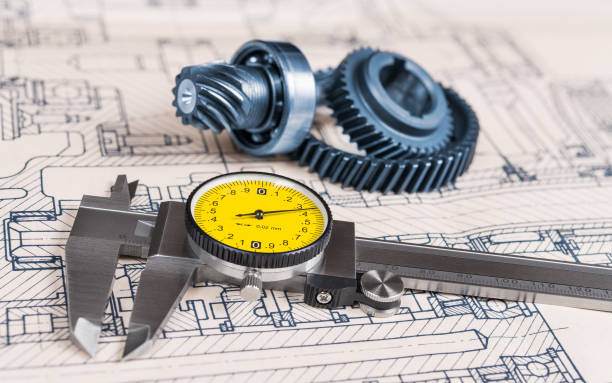 metallic caliper. technical drawing. cogwheels, ball bearing. drafting, machining - drafting plan engineering planning imagens e fotografias de stock