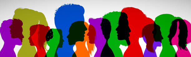 Group young people. Profile silhouette faces girls and boys – for stock Group young people. Profile silhouette faces girls and boys – for stock connection silhouettes stock illustrations