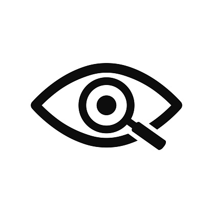 Magnifier with eye outline icon. Find icon, investigate concept symbol. Eye with magnifying glass. Appearance, aspect, look, view, creative vision icon for web and mobile – stock vector