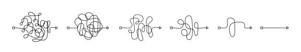 ilustrações de stock, clip art, desenhos animados e ícones de set of messy clew symbols, line of symbols with scribbled round element and arrow, concept of transition from complicated to simple, isolated on white background vector illustration. - knotted wood