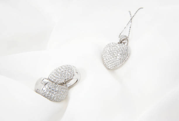 istock White Gold Earrings And Heart Shaped Pendant With Diamonds 1141000570