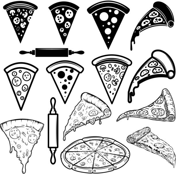 ilustraciones, imágenes clip art, dibujos animados e iconos de stock de conjunto de elementos de diseño de pizzas. para póster, tarjeta, banner, signo - pizza