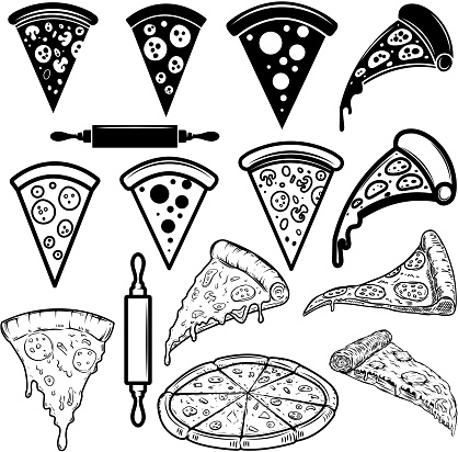 Set of pizza design elements. For poster, card, banner, sign. Vector illustration